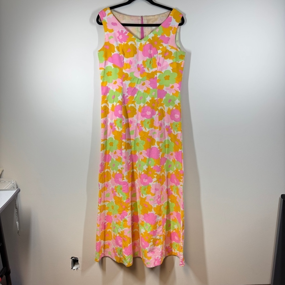 Vintage Handmade 70s Floral Maxi Dress Pink Orange Green Cotton V-Neck Zip Back - Picture 3 of 15
